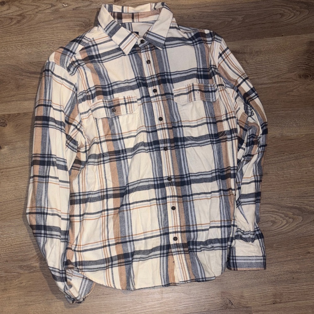 George Men's Casual Plaid Shirt in Cream and Navy